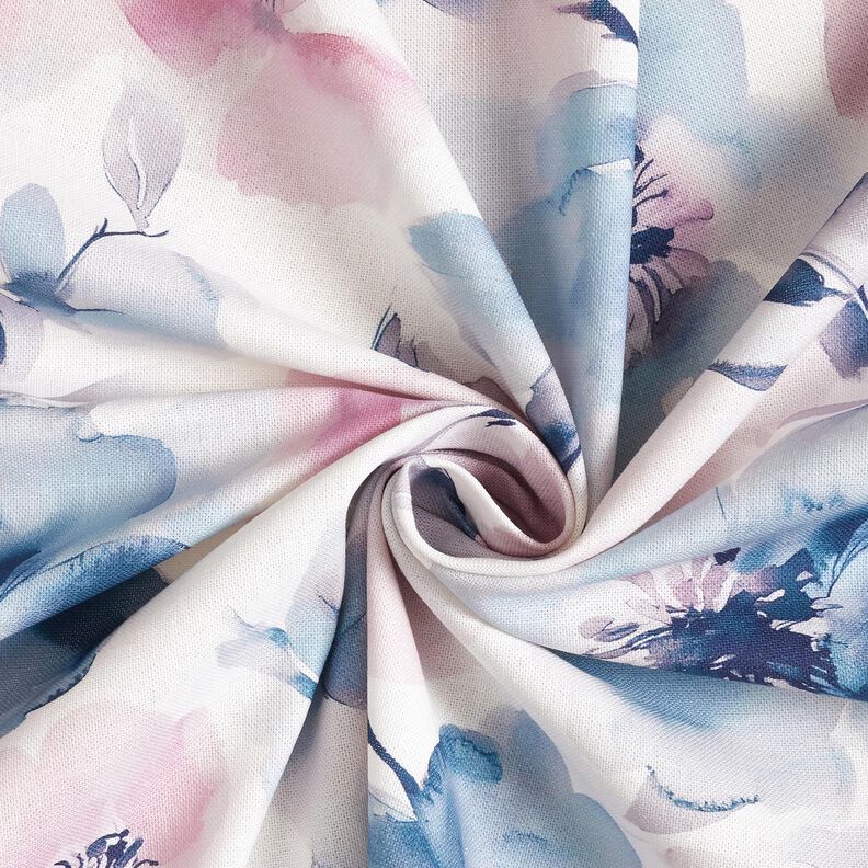 Dekorační látka Polopanama Velké akvarelové květiny – bílá/pastelově fialová,  image number 3