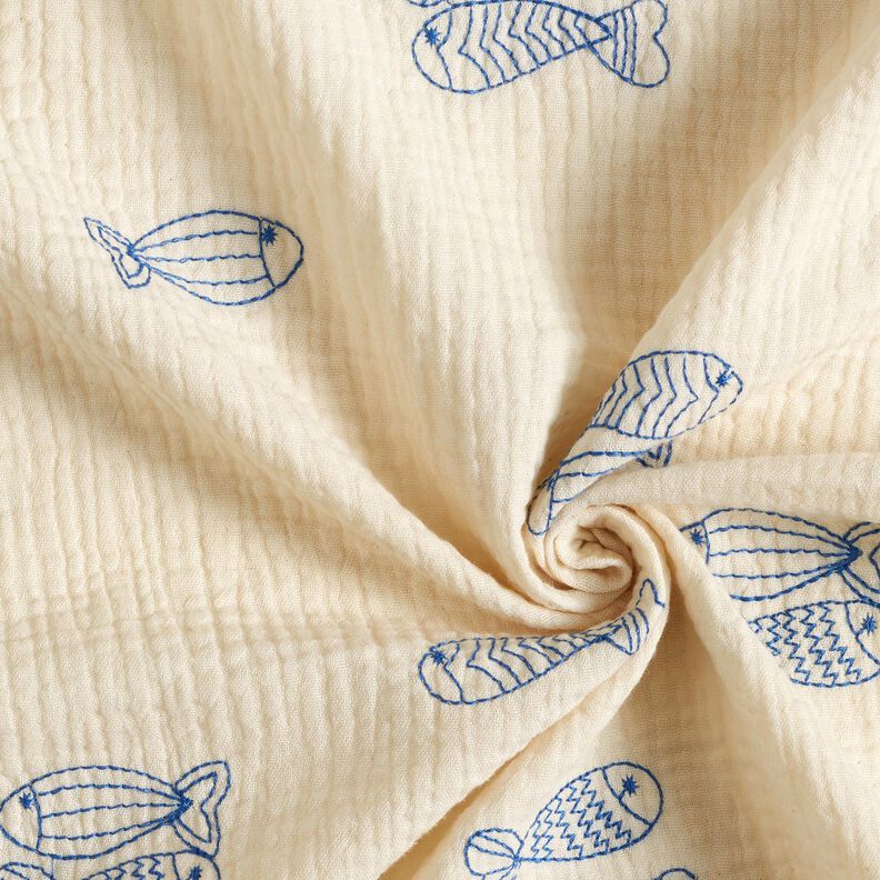 Mušelín / dvojitá mačkaná tkanina vyšívané ryby | Poppy Fabrics – vlněná bílá/královská modr,  image number 3