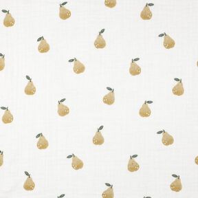 Mušelín / dvojitá mačkaná tkanina Hruška digitální potisk | Poppy Fabrics – bílá/olivově žlutá, 