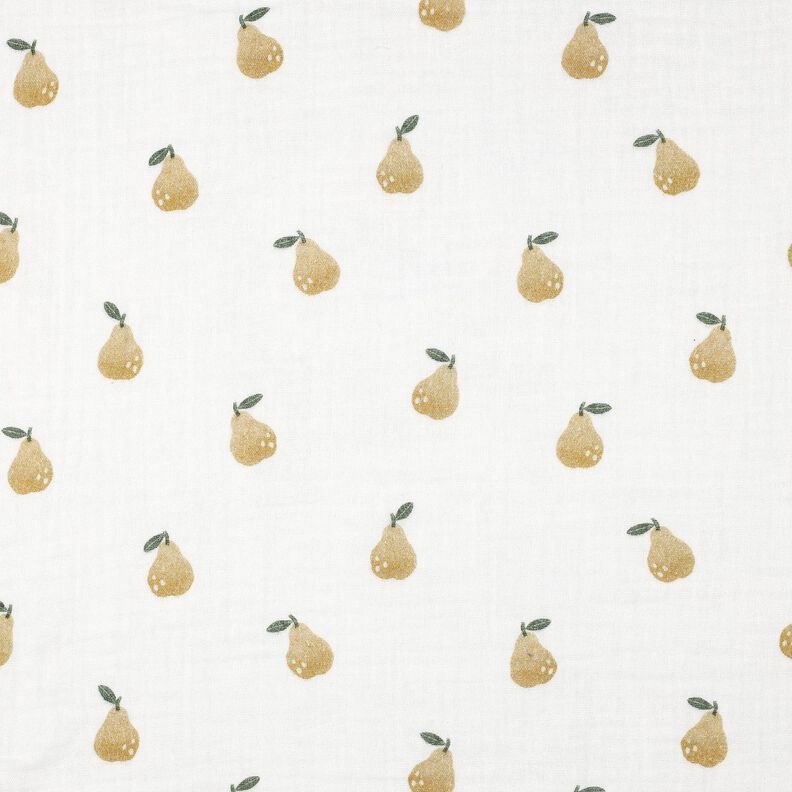 Mušelín / dvojitá mačkaná tkanina Hruška digitální potisk | Poppy Fabrics – bílá/olivově žlutá,  image number 1