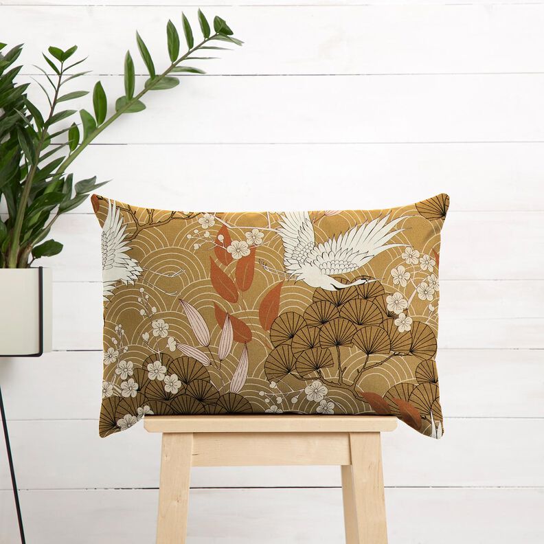 Dekorační látka Plátno Umělečtí jeřáby – hořčicove žlutá/slonová kost,  image number 6