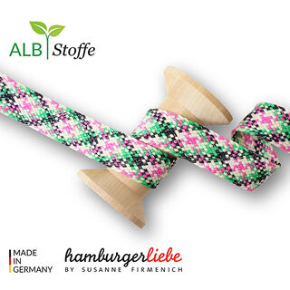 GOTS Bio splétané šňůrky TWIST ME Check [24 mm] | Albstoffe – zelená neonová/růžová, 