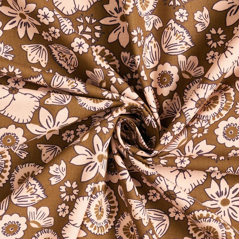 Bavlněná látka Kreton Retro květiny – olivová/rose,  image number 3