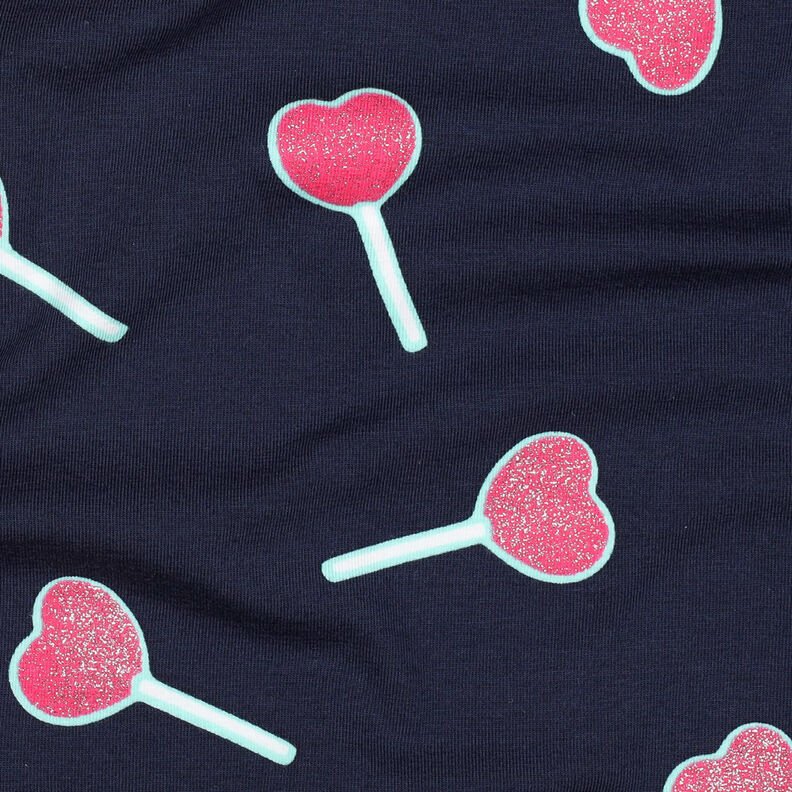 Bavlněný žerzej Lízátka ve tvaru třpytivých srdíček | Poppy Fabrics – noční modrá, image number 2