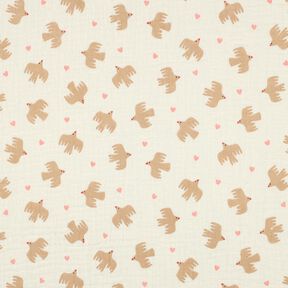 GOTS Mušelín / dvojitá mačkaná tkanina Ptáci a srdce | Poppy Fabrics – vlněná bílá, 