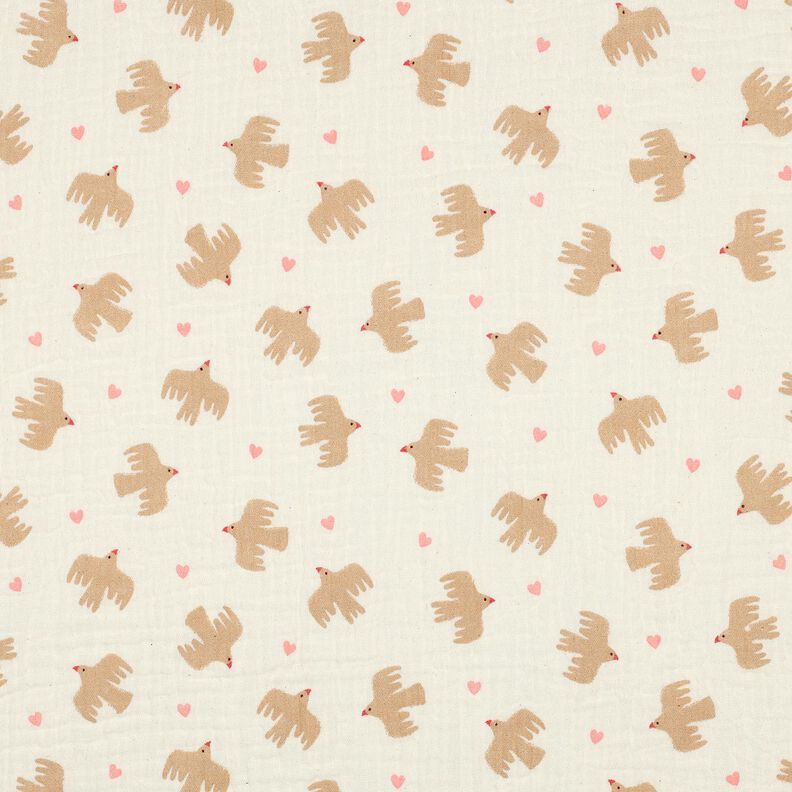 GOTS Mušelín / dvojitá mačkaná tkanina Ptáci a srdce | Poppy Fabrics – vlněná bílá,  image number 1