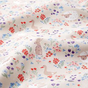 Bavlněný popelín Zvířata na květinové louce – přírodni/ohnivě červená, 