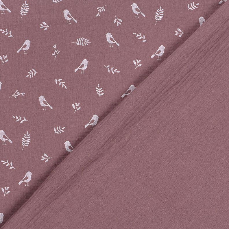 Mušelín / dvojitá mačkaná tkanina Větve a malí ptáci – barva lilku/bílá,  image number 4