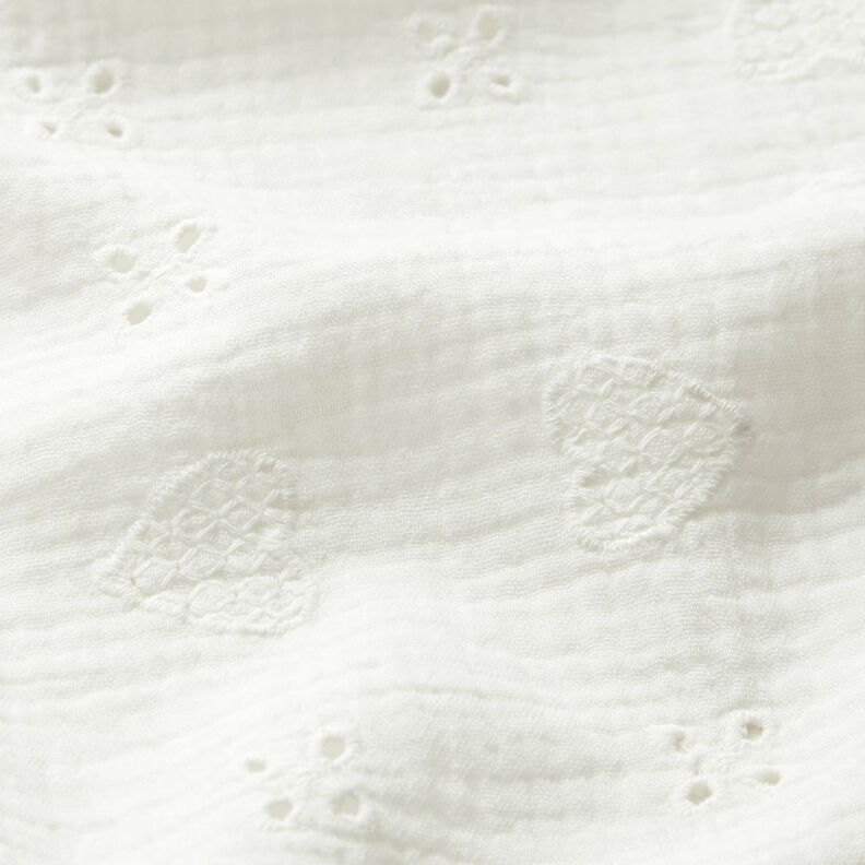 Mušelín / dvojitá mačkaná tkanina Dírková výšivka Srdíčka – vlněná bílá,  image number 2