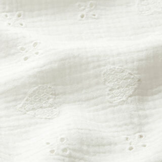 Mušelín / dvojitá mačkaná tkanina Dírková výšivka Srdíčka – vlněná bílá, 