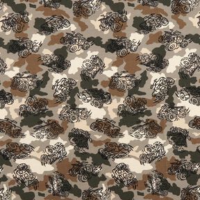Francouzské froté letní teplákovina Maskáčové monster trucky  – taupe (šedohnědá), 