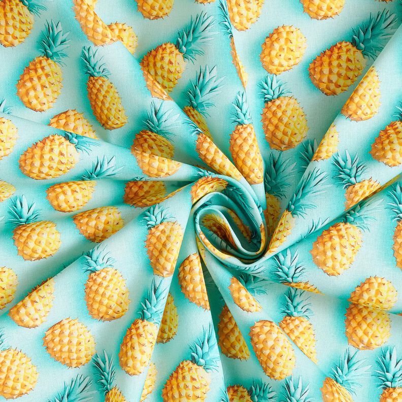 Bavlněná látka Popelín Ananas – modrá aqua/žlutá, image number 3