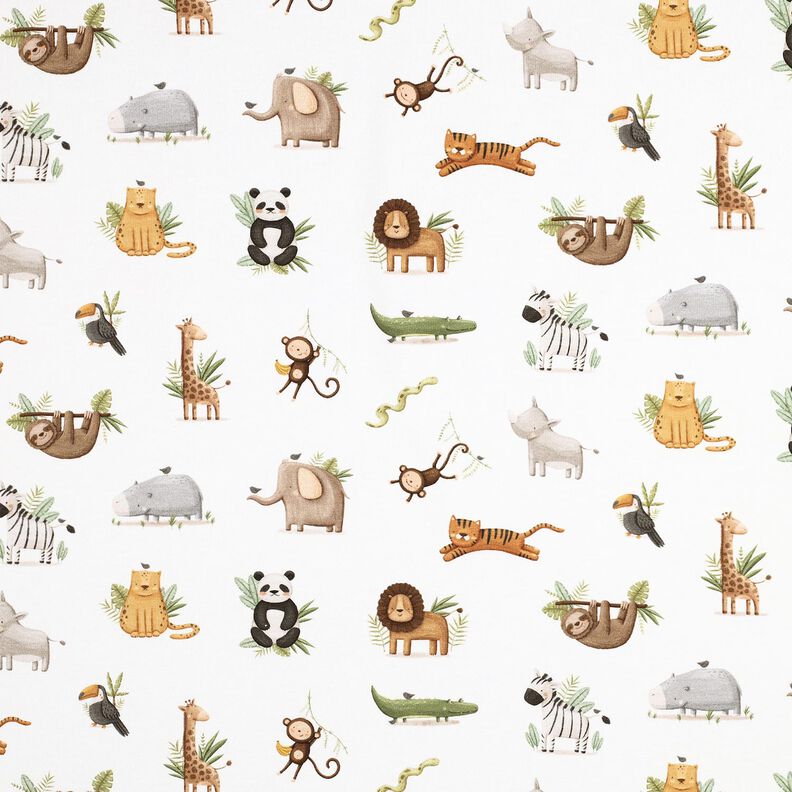 GOTS Bavlněný žerzej Roztomilá stepní zvířata digitální potisk | Poppy Fabrics – bílá/světle olivová,  image number 1