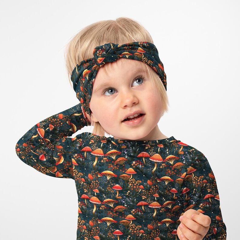 Francouzské froté letní teplákovina Kouzelný houbový les digitální potisk – tmavě zelená,  image number 5