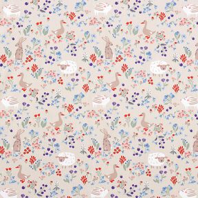 Bavlněný popelín Zvířata na květinové louce – přírodni/ohnivě červená, 