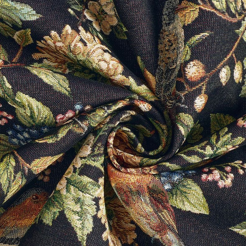 Dekorační látka Gobelín Květiny a ptáci – černá/zelená,  image number 3