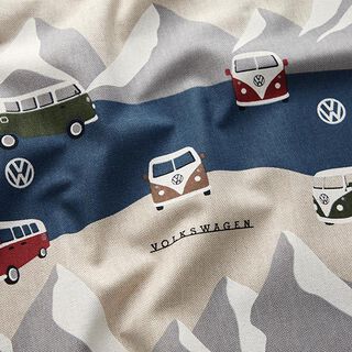 Dekorační látka Polopanama Dobrodružství s VW – džínově modrá/přírodni, 
