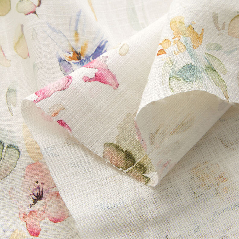 Směs len-bavlna akvarelové květiny – bílá,  image number 3
