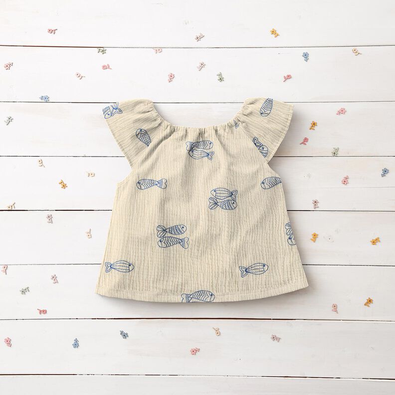 Mušelín / dvojitá mačkaná tkanina vyšívané ryby | Poppy Fabrics – vlněná bílá/královská modr,  image number 8