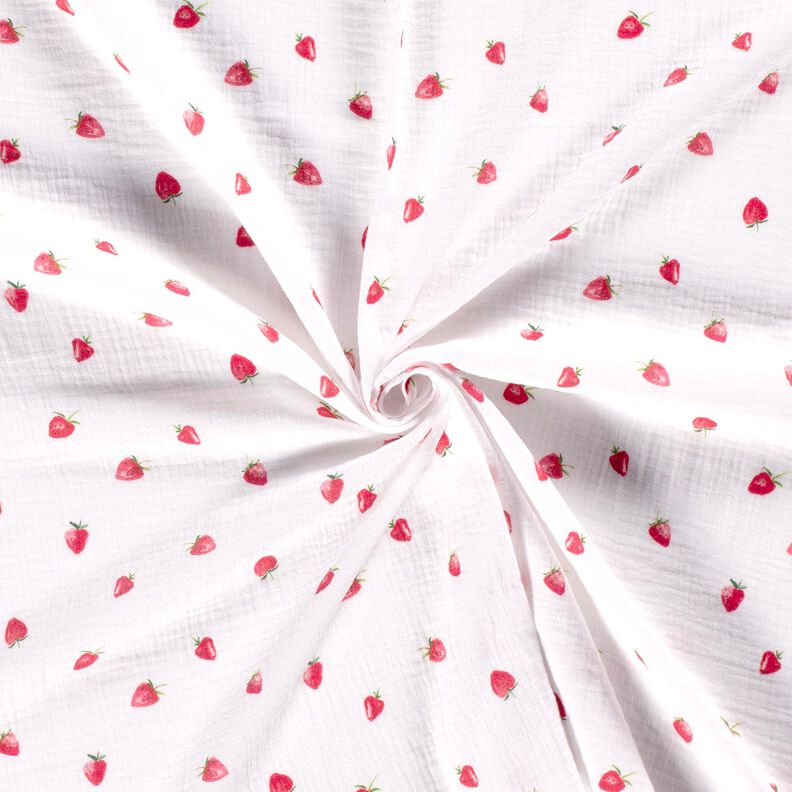 Mušelín / dvojitá mačkaná tkanina Akvarel jahody digitální potisk – bílá,  image number 3