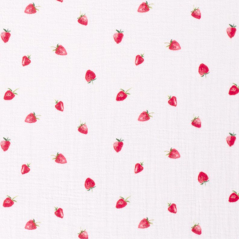 Mušelín / dvojitá mačkaná tkanina Akvarel jahody digitální potisk – bílá,  image number 1