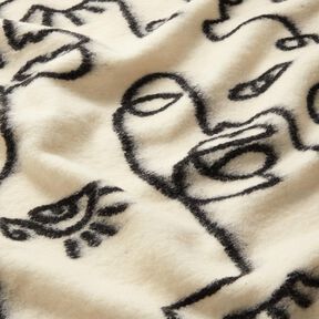 Kabátová tkanina pletená abstraktní tváře – černá/vlněná bílá, 
