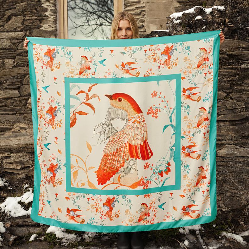 Saténový panel s ptáky a vílami | Katia Fabrics – modrá aqua/kremová, image number 5