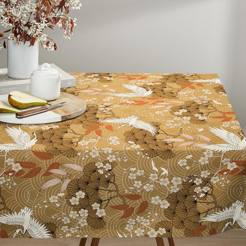 Dekorační látka Plátno Umělečtí jeřáby – hořčicove žlutá/slonová kost,  image number 7