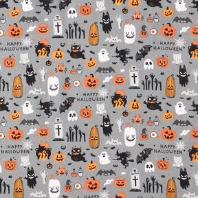 Bavlněná látka Popelín Happy Halloween – sloní šedá/světle oranžová, 