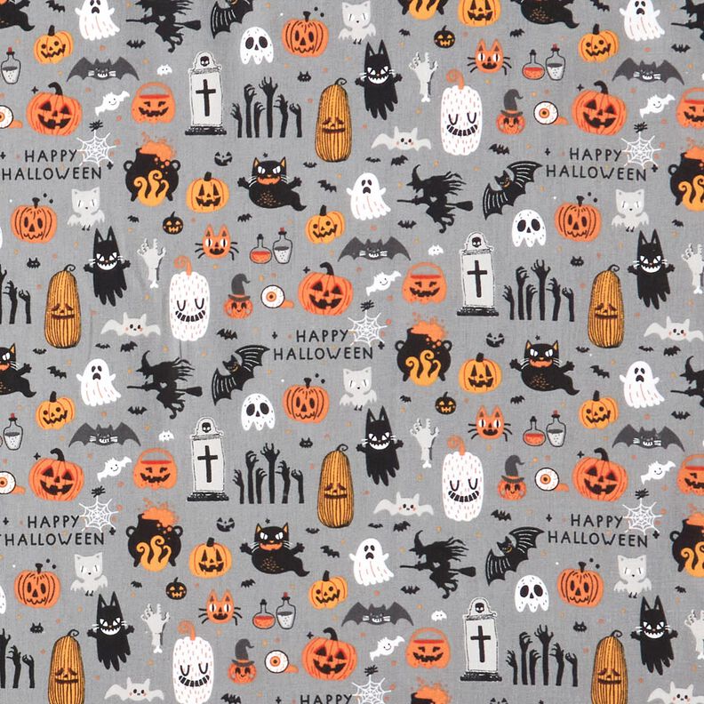 Bavlněná látka Popelín Happy Halloween – sloní šedá/světle oranžová,  image number 1