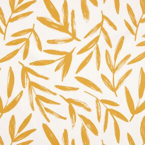 Dekorační látka Polopanama Minimalistické listy – hořčicove žlutá/přírodni, 