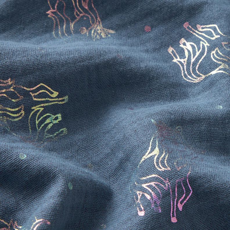 Mušelín / dvojitá mačkaná tkanina Jednorožci Fóliový potisk – modrošedá,  image number 3