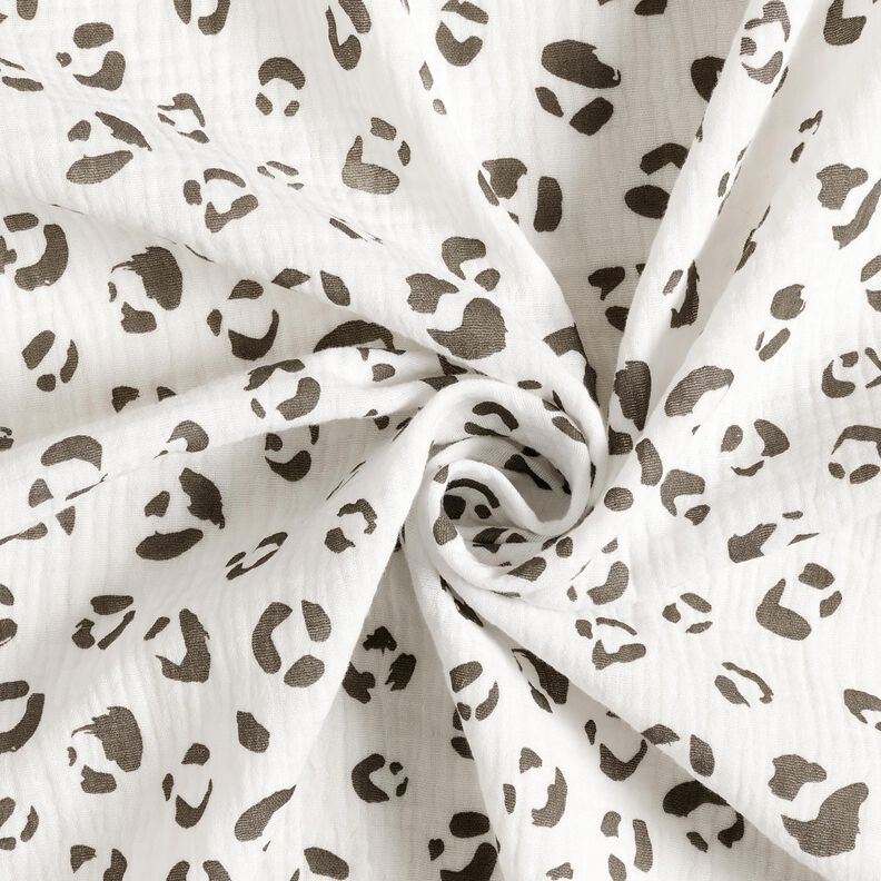 Mušelín / dvojitá mačkaná tkanina Velký leopardí vzor – slonová kost/tmavě šedá,  image number 3