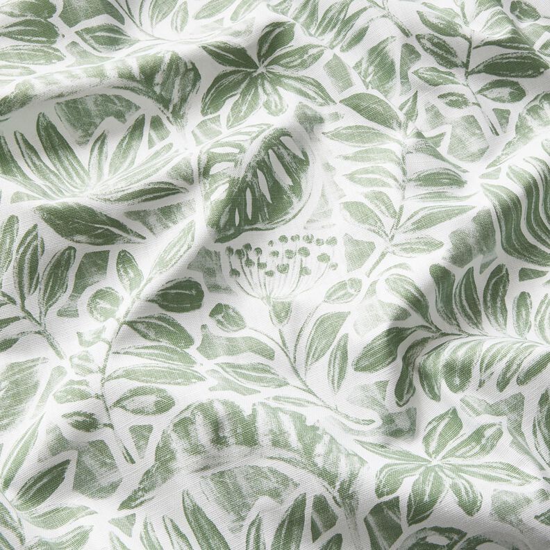 Dekorační látka Panama Malované listy – bílá/piniová,  image number 2