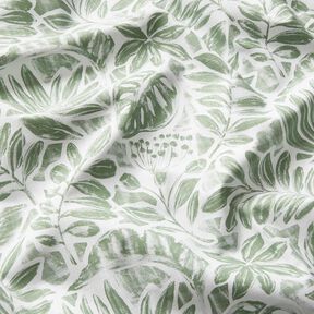 Dekorační látka Panama Malované listy – bílá/piniová, 