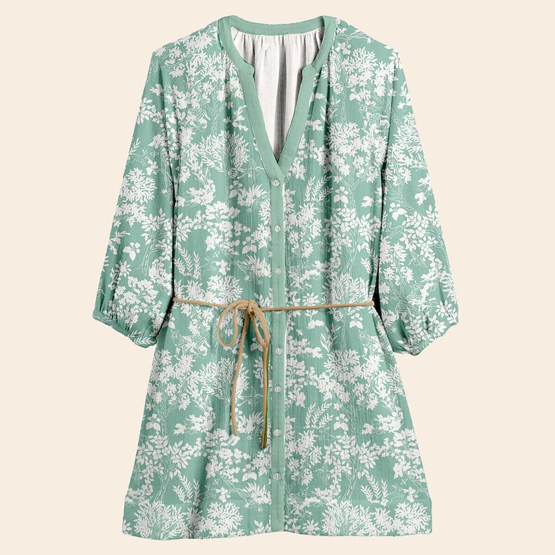 Mušelín / dvojitá mačkaná tkanina Květinový vzor – eukalyptová/bílá,  image number 5