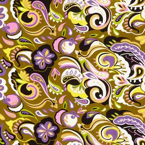 Viskózová tkanina Retro květiny – olivová/světle fialova, 