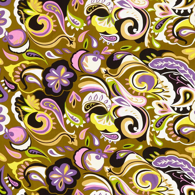 Viskózová tkanina Retro květiny – olivová/světle fialova,  image number 1