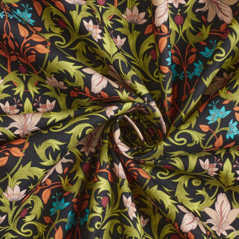 Dekorační látka Polopanama Lístkové ornamenty – černá/piniová,  image number 3