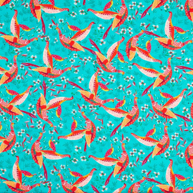 Plážové oblečení viskózové látky pávi a květiny – modrá aqua/výrazná jasně růžová | Zbytek 50cm,  image number 1