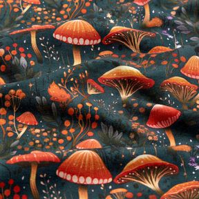 Francouzské froté letní teplákovina Kouzelný houbový les digitální potisk – tmavě zelená, 