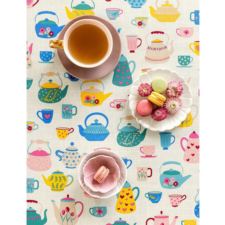Dekorační látka Polopanama Čajové konvice – světle béžová/modrá,  image number 6