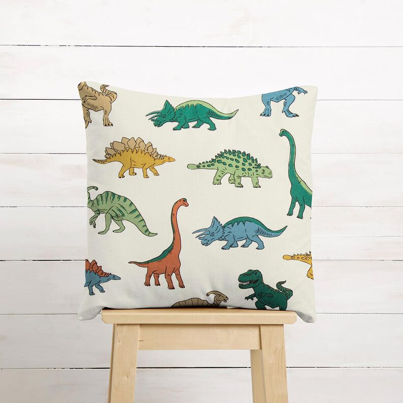 Dekorační látka Polopanama Pozoruhodní dinosauři – vlněná bílá/tmavě zelená, image number 5