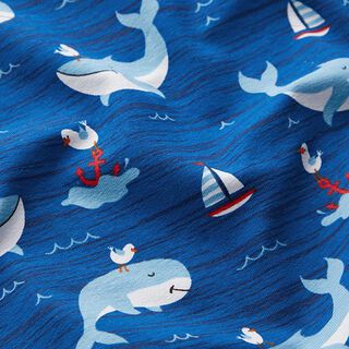 Bavlněný žerzej velryby, lodě a racci – modrá, 