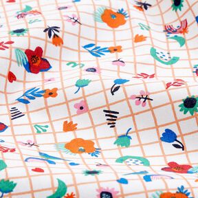 Bavlněná látka Kreton Kostka s kvítky – bílá/máta peprná, 