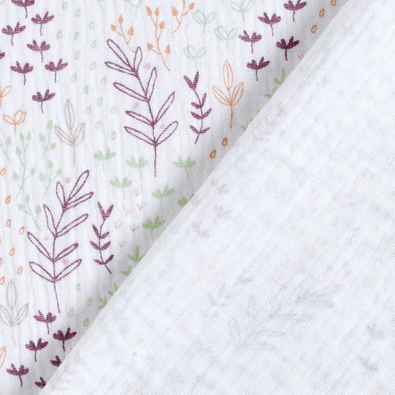 Mušelín / dvojitá mačkaná tkanina Listové úponky – bílá/barva lilku,  image number 5
