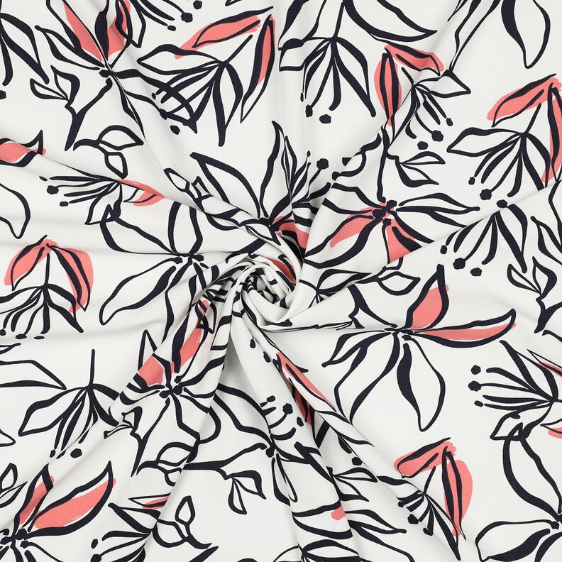 Lehká strečová tkanina s abstraktními liliemi – bílá/humrová,  image number 3