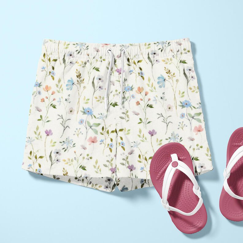 Žebrovaný žerzej Akvarelová květinová louka – slonová kost,  image number 5