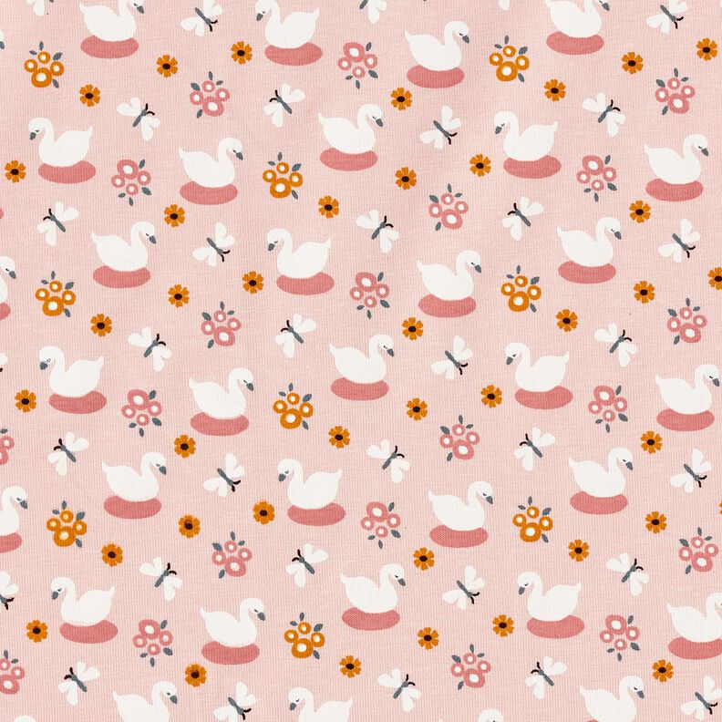 Bavlněný žerzej Roztomilé labutě – světle růžová/bílá,  image number 1