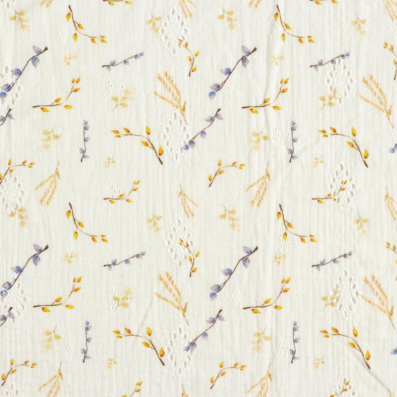 Mušelín / dvojitá mačkaná tkanina Vzor větví Dírková výšivka – vlněná bílá,  image number 1
